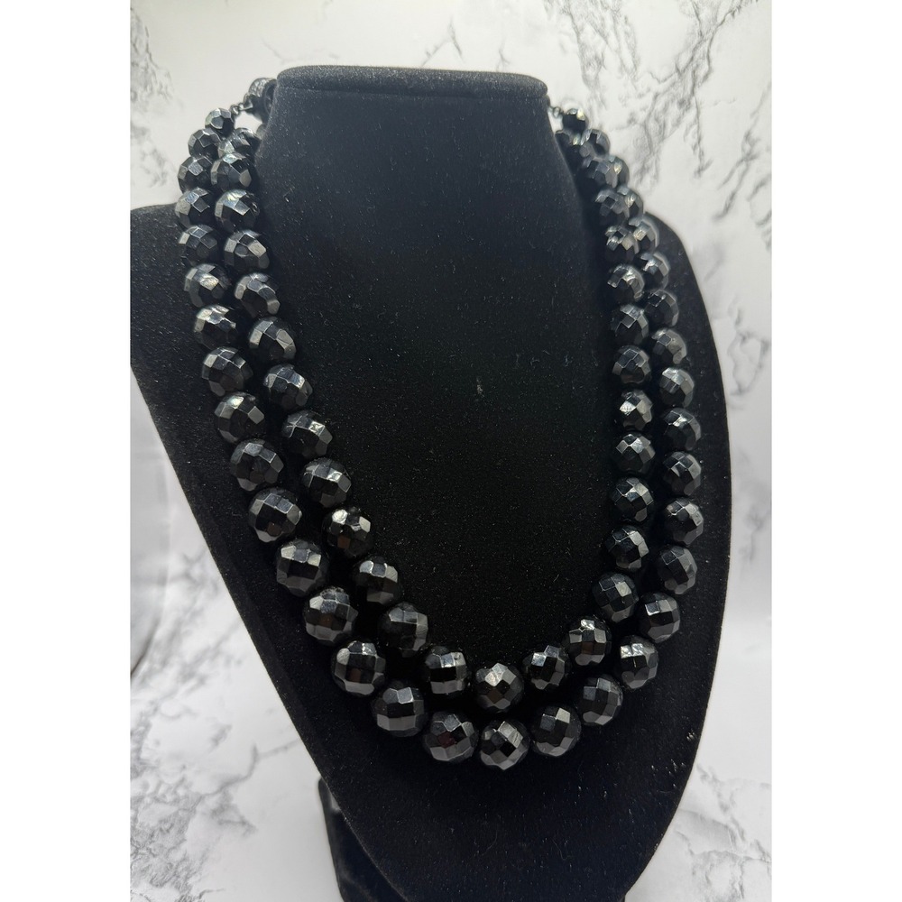 Vintage Black Faceted Glass Double Strand Necklace 32–35" 11.4mm - Picture 2 of 5